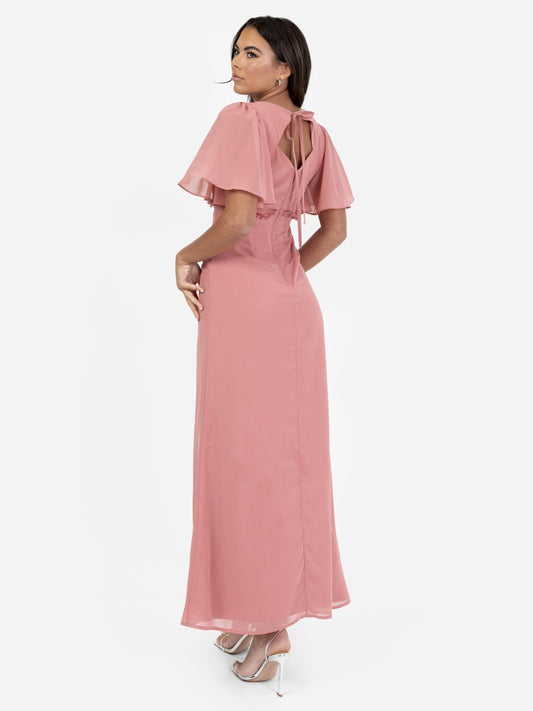 Anaya With Love Recycled Dusty Rose V Neck Short Flutter Sleeve Maxi Dress with Frill Detail