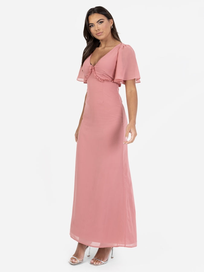 Anaya With Love Recycled Dusty Rose V Neck Short Flutter Sleeve Maxi Dress with Frill Detail
