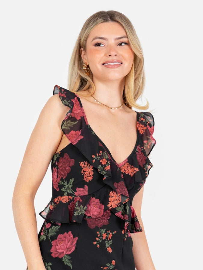 Anaya With Love Recycled Floral Strappy Black Maxi Dress with Ruffle Detail