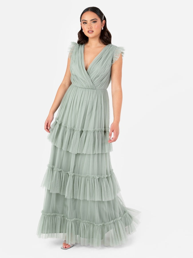 Anaya With Love Recycled Frosty Green Short Sleeve V Neck Tiered Maxi Dress