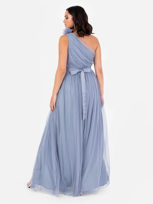 Anaya With Love Recycled Slate Blue Ruffled One Shoulder Maxi Dress with Sash Belt