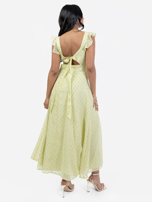 Anaya With Love Recycled Spring Greent Tie-Back Midi Dress with Gold Detail