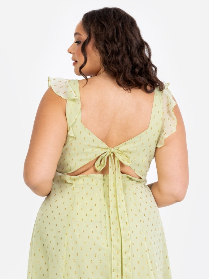 Anaya With Love Recycled Spring Greent Tie-Back Midi Dress with Gold Detail