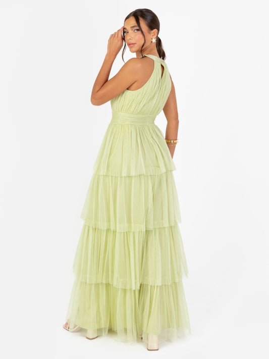 Anaya With Love Recycled Spring Green Halter Neck Tiered Maxi Dress