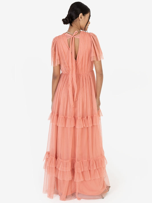 Anaya With Love Recycled Coral Pink Ruffle Maxi Dress with Keyhole Detail