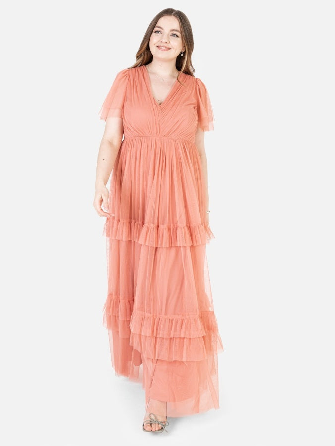 Anaya With Love Recycled Coral Pink Ruffle Maxi Dress with Keyhole Detail