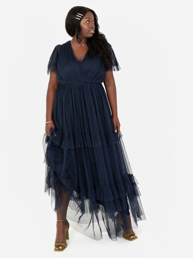 Anaya With Love Recycled Navy Ruffle Maxi Dress with Keyhole Detail