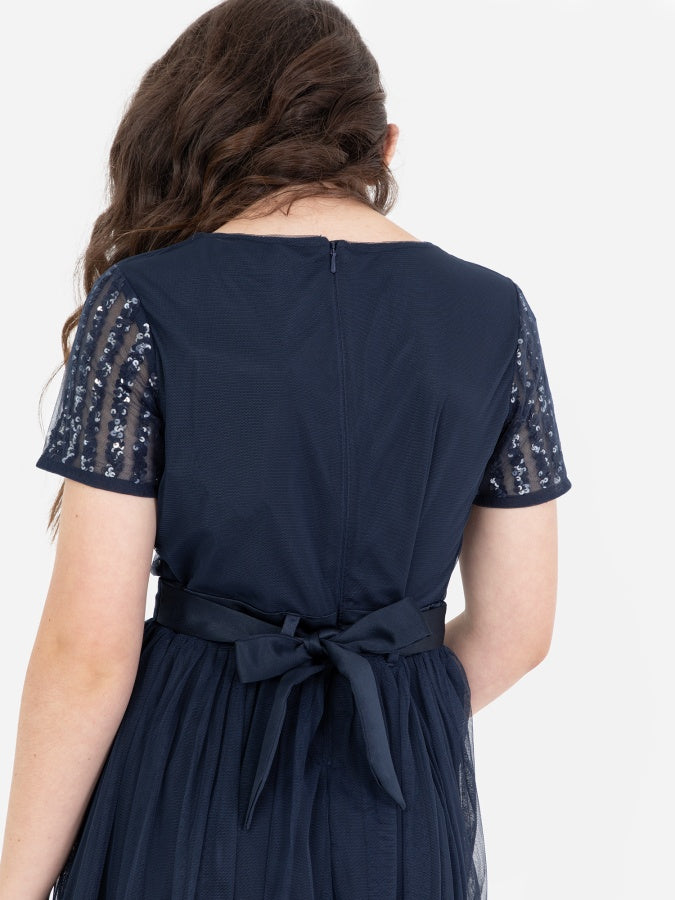 Mini Maya Navy Stripe Embellished Midi Dress With Bow