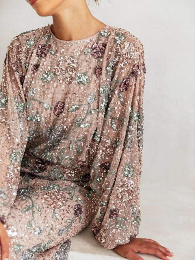 Maya Fully Embellished Round Neck Long Blouson Sleeve Maxi Dress