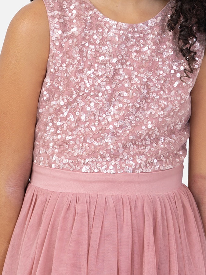 Mini Maya Dusty Pink Delicate Sequin Midi Dress With Bow