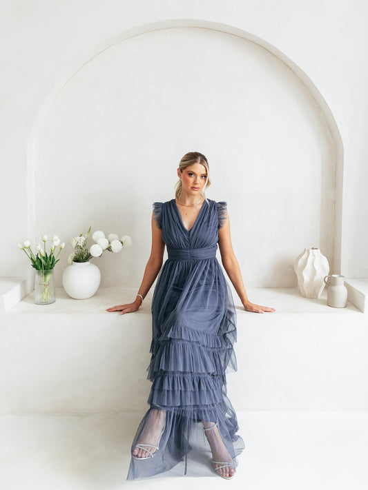 Anaya With Love Vintage Indigo Flutter Sleeve Ruffle Maxi Dress