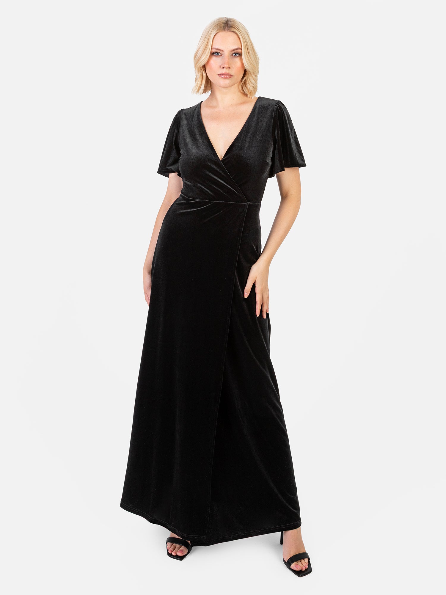 Maya Black Faux Wrap Short Sleeve Velvet Maxi Dress Maya Deluxe Maya Black Faux Wrap Short Sleeve Velvet Maxi Dress Maya Deluxe