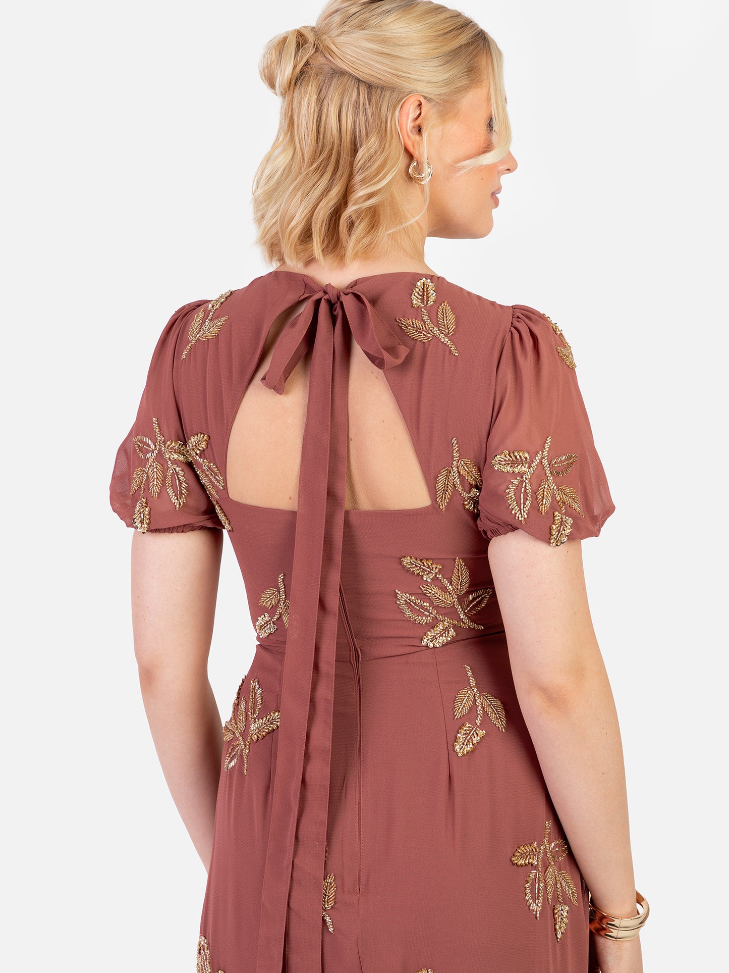 Maya Copper Rose Embellished Short Sleeve Maxi Dress with Open Back