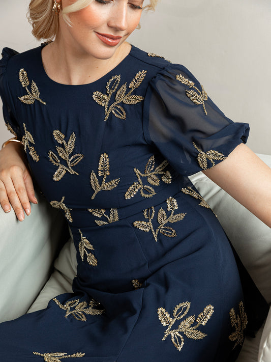 Maya Navy Embellished Short Sleeve Maxi Dress with Open Back