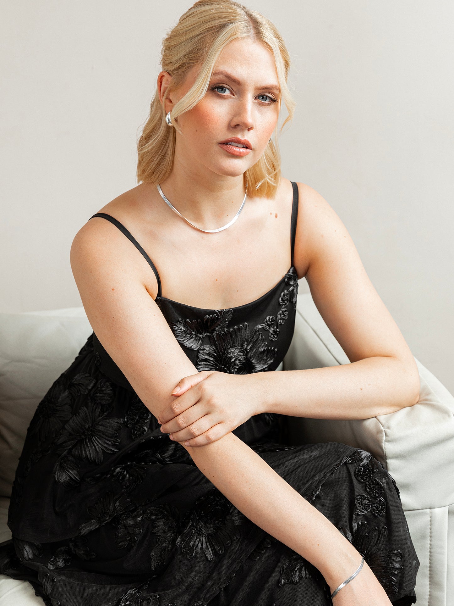 Maya Black 3D Floral Tiered Cami Midi Dress