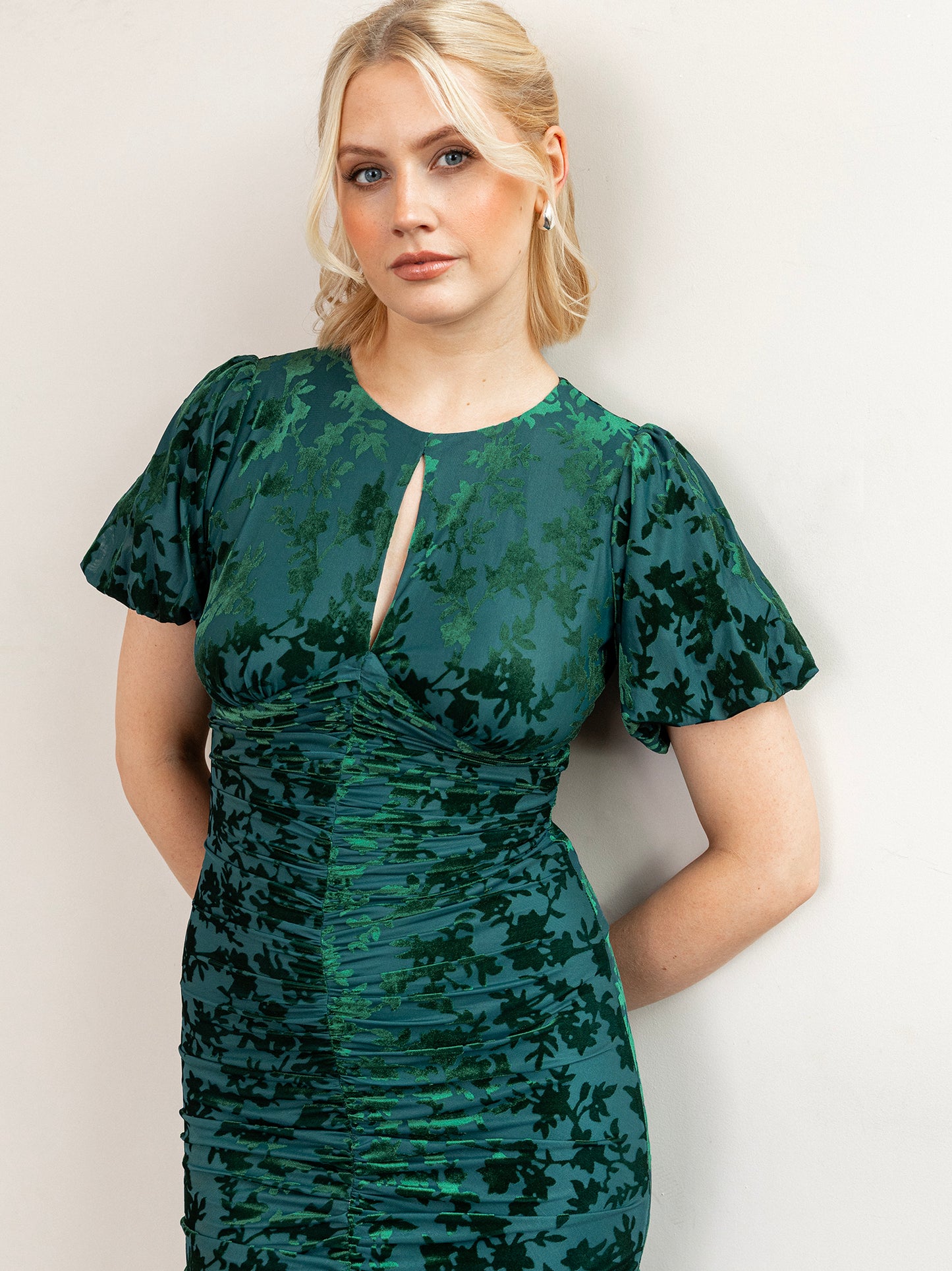 Maya Teal Flocked Velvet Ruched Maxi Dress