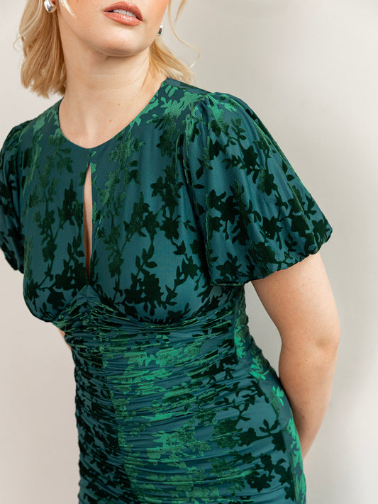 Maya Teal Flocked Velvet Ruched Maxi Dress