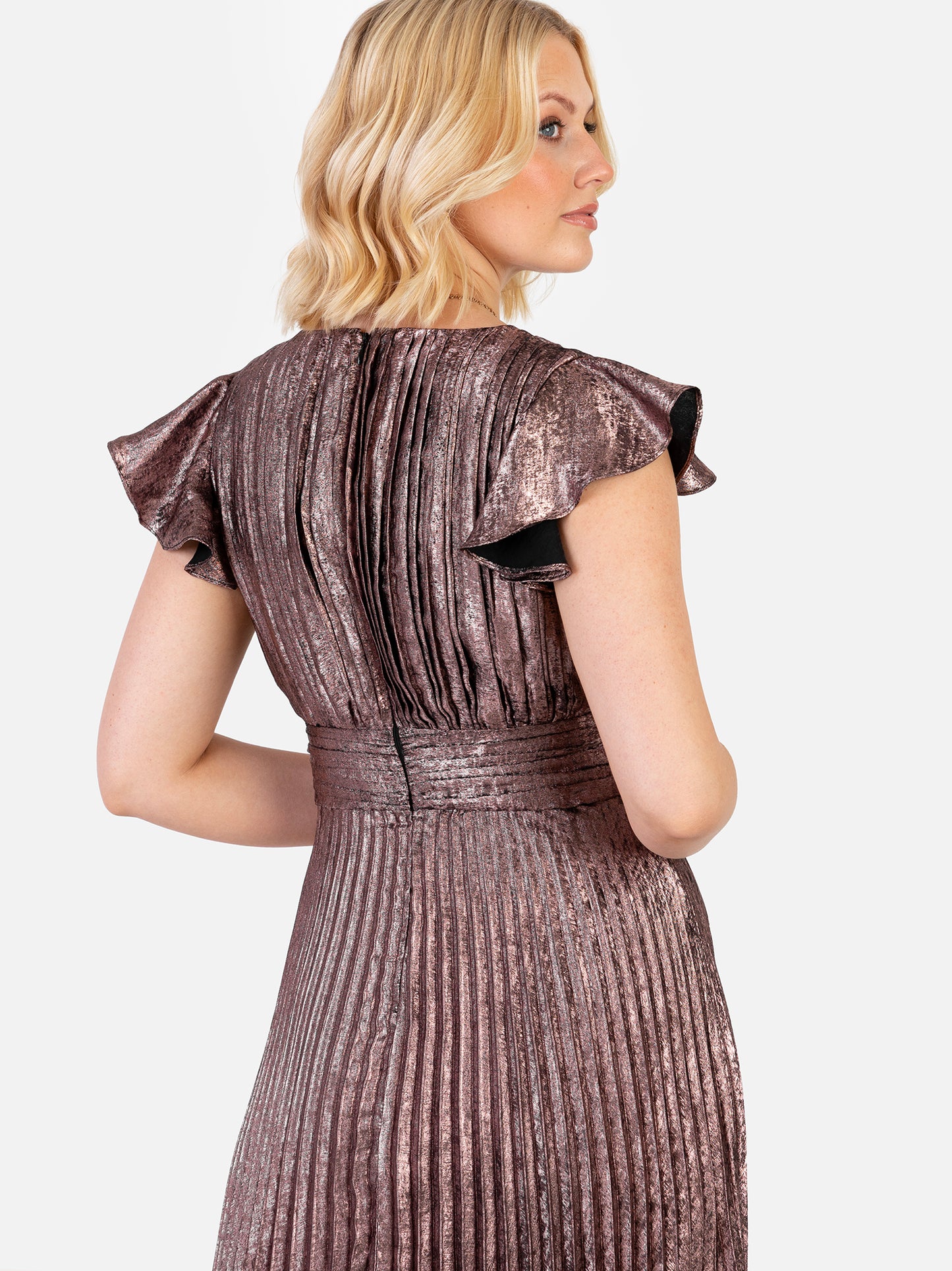 Maya Metallic Flutter Sleeve V Neck Pleated Maxi Dress