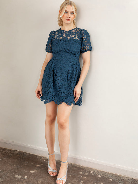 Maya Teal Short Sleeve Lace Mini Dress