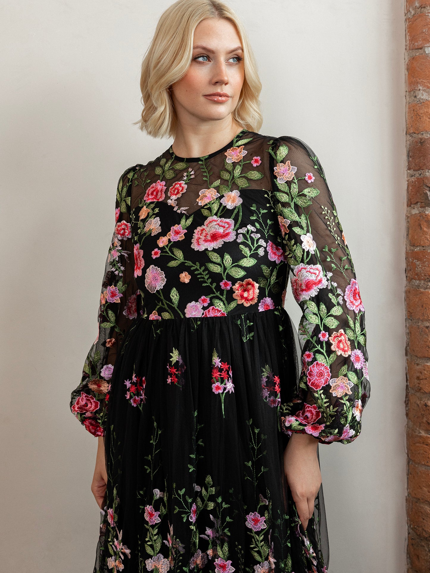 Maya Floral Embroidered Blouson Sleeve Maxi Dress