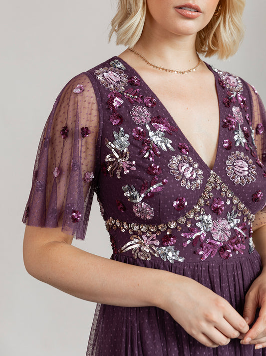 Maya Berry Floral Embellished Spot Mesh Maxi Dress