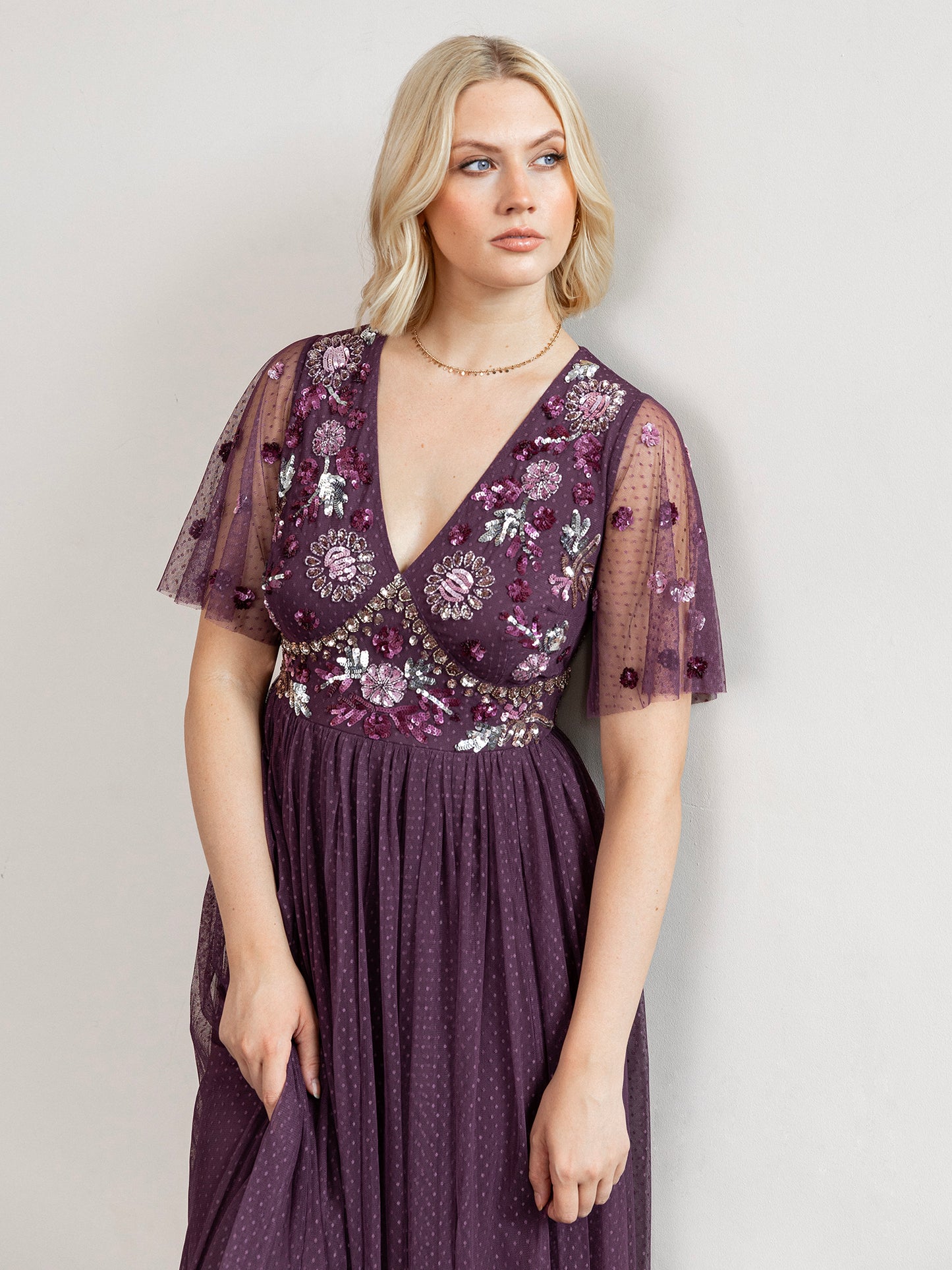 Maya Berry Floral Embellished Spot Mesh Maxi Dress