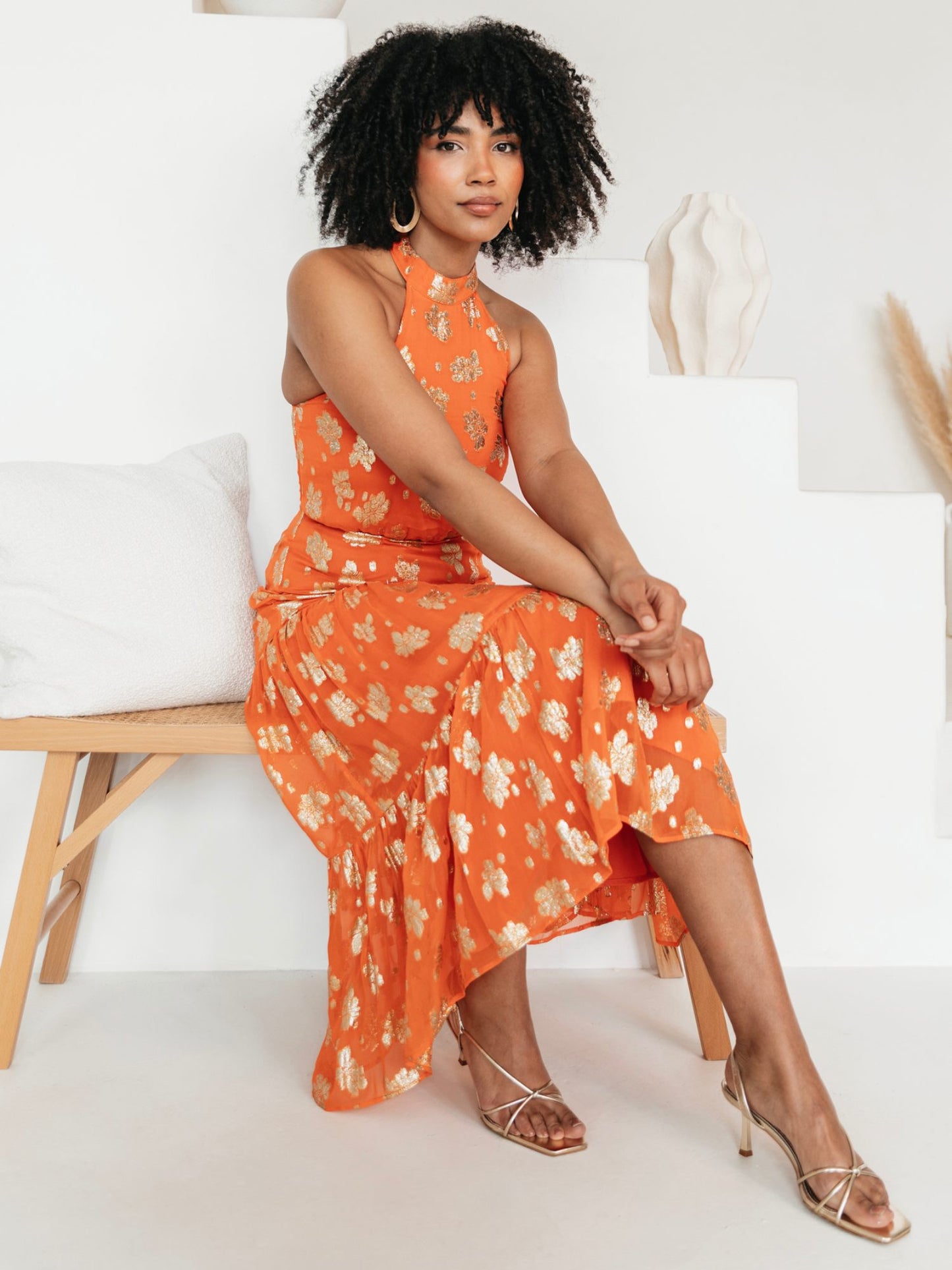 Maya Orange Floral Jacquard Halter Neck Tiered Midaxi Dress