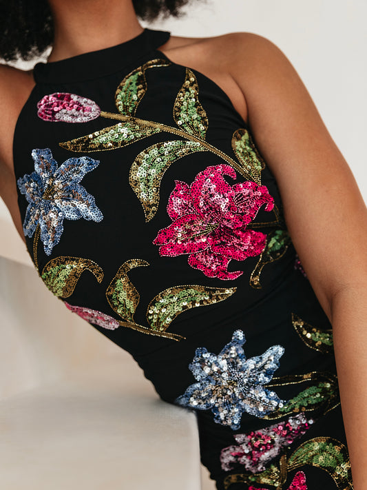Maya Black Floral Embellished Halter Neck Mini Dress