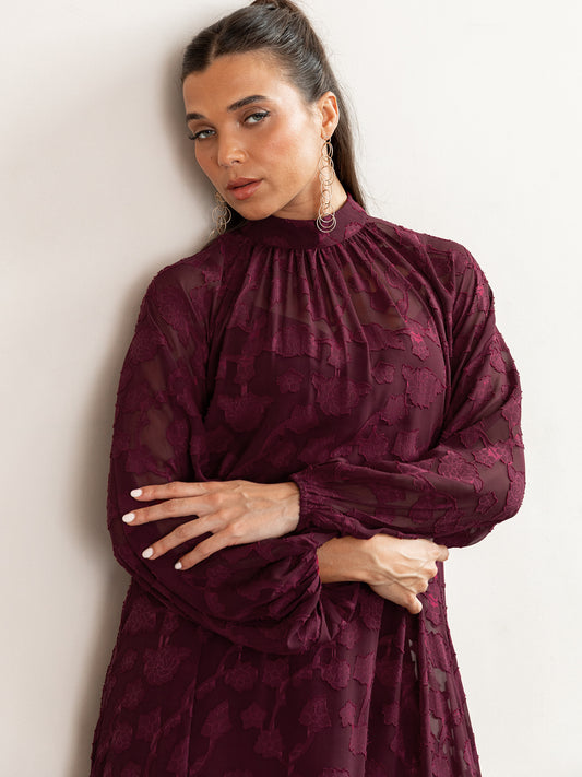 Anaya With Love Recycled Maroon Floral Burnout Long Sleeve Trapeze Midaxi Dress