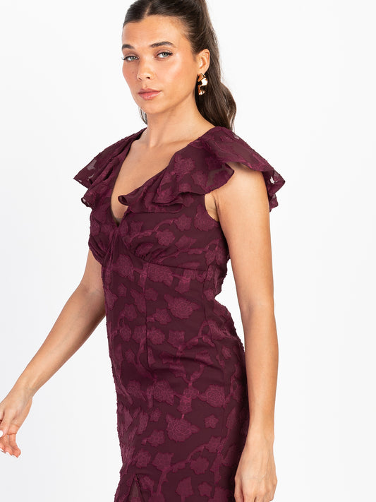 Anaya With Love Recycled Maroon Floral Burnout Maxi Dress with Ruffle Detail