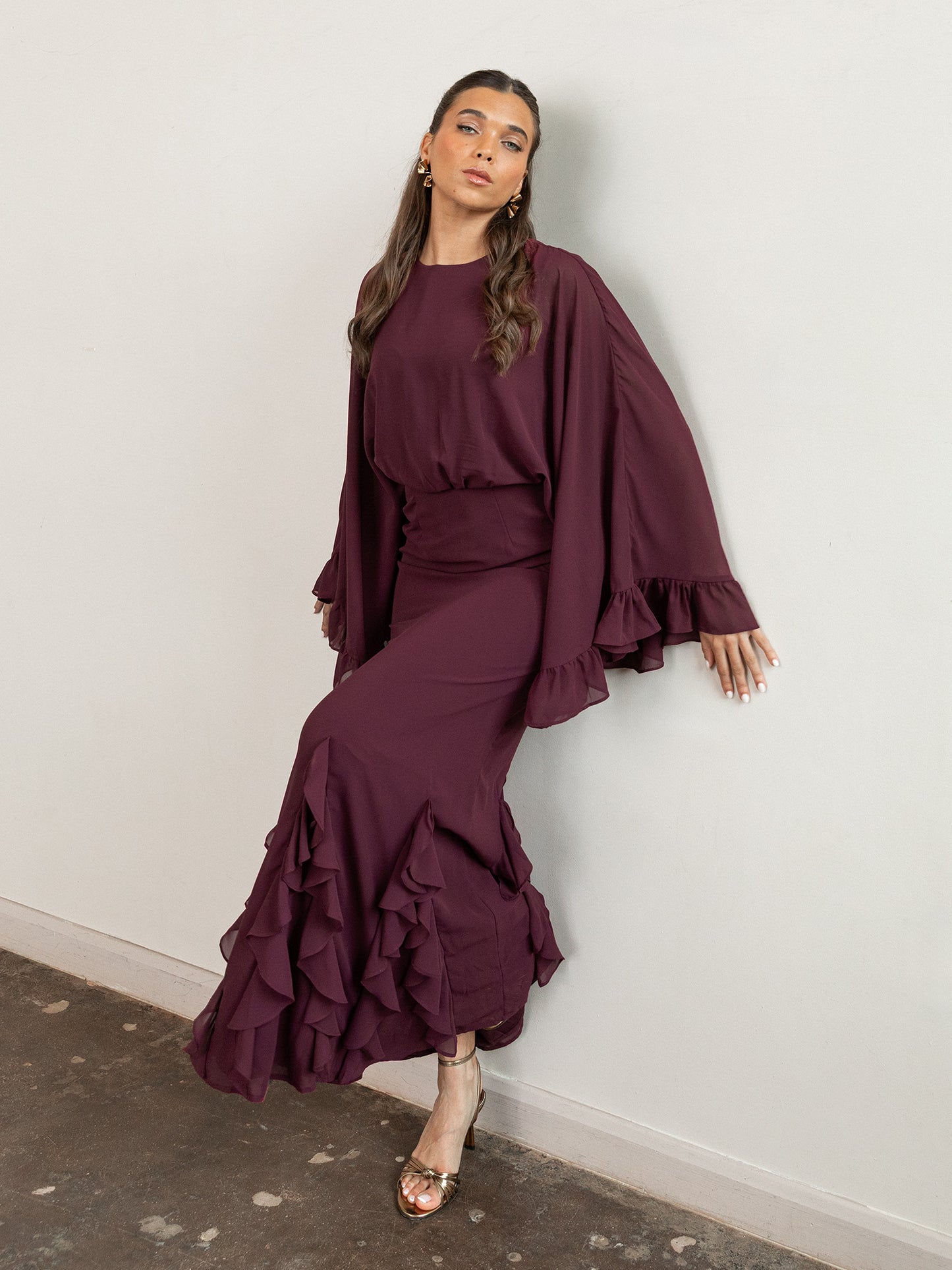 Anaya With Love Recycled Maroon Oversized Ruffle Sleeve Maxi Dress