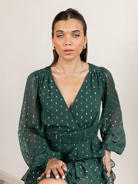 Anaya With Love Recycled Green Foil Chiffon Ruffle Mini Dress