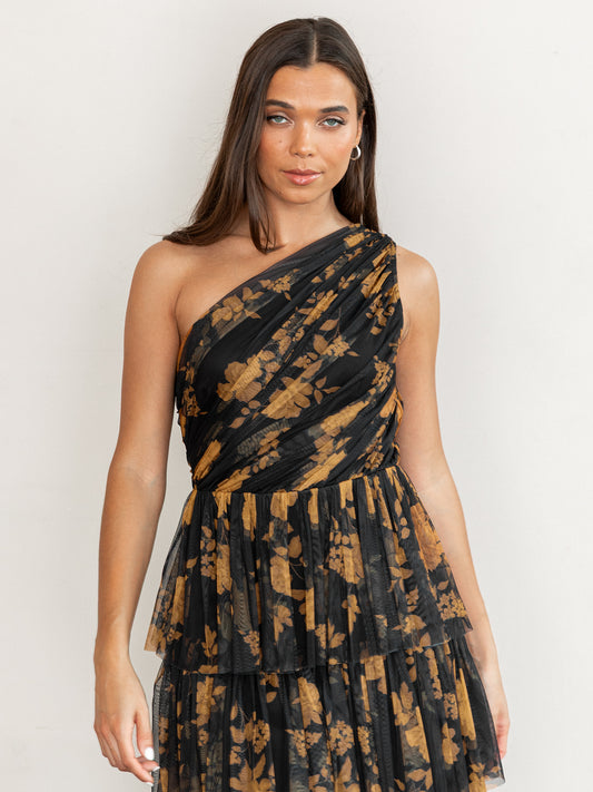 Anaya With Love Recycled Floral One Shoulder Tiered Midi Dress