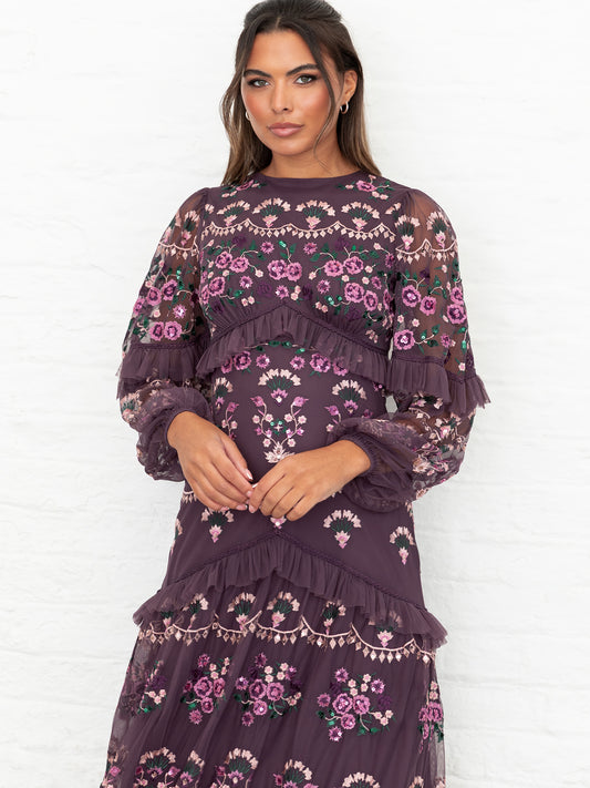 Maya Berry Fully Embroidered Long Sleeve Maxi Dress with Frill Detail