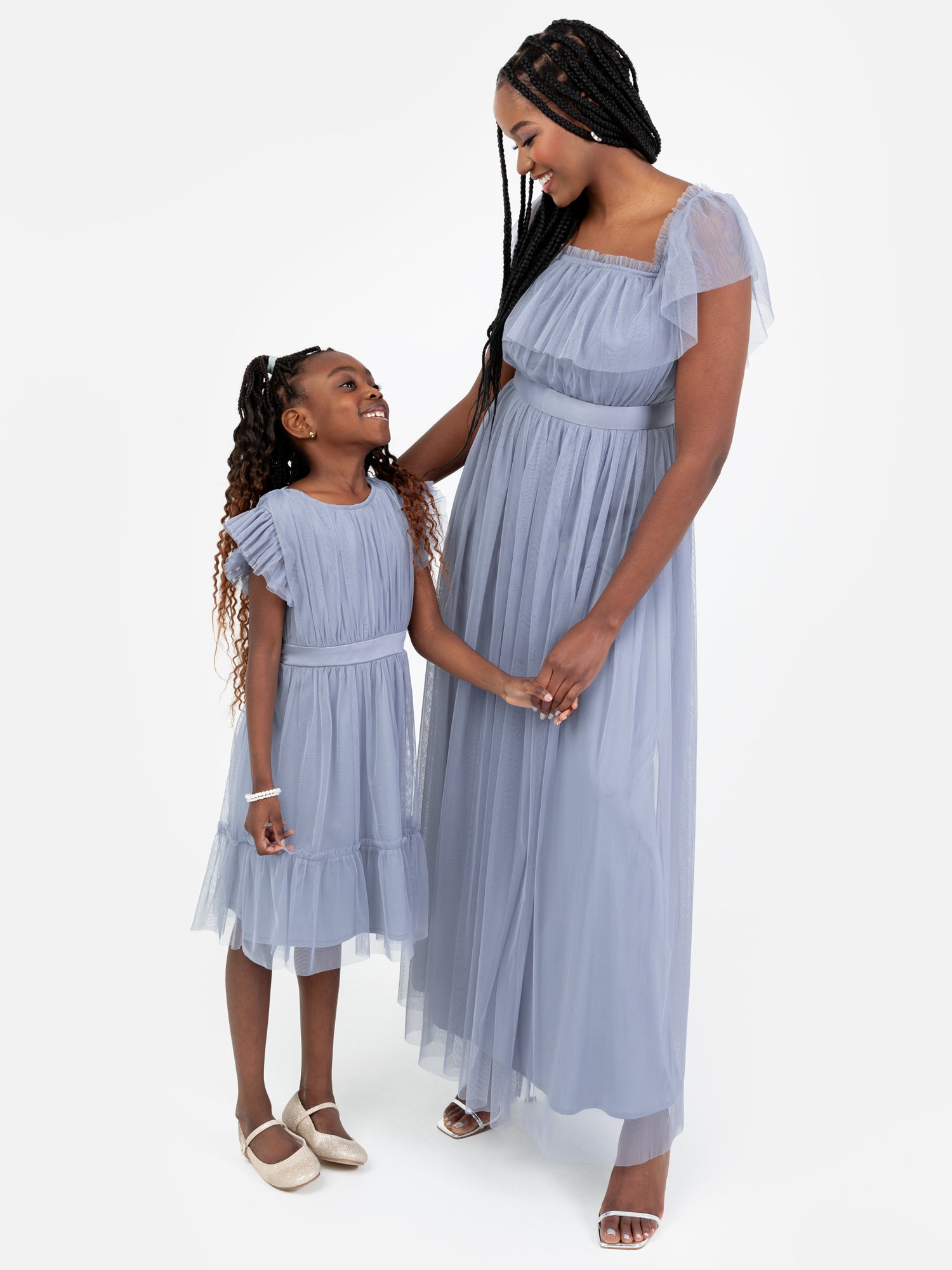 Mini Anaya Recycled Slate Blue Flutter Sleeve Midi Dress with Bow Deta