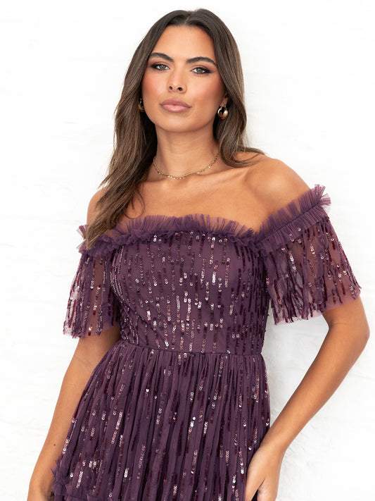 Maya Berry Linear Sequin Bardot Maxi Dress