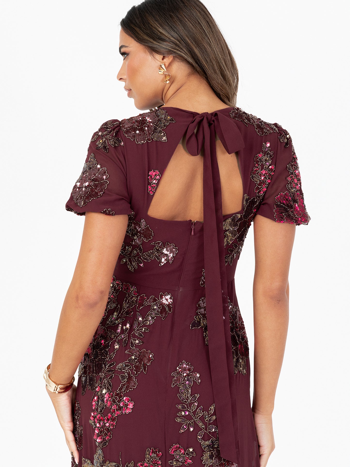 Maya Cranberry Floral Embellished Puff Sleeve & Open Back Maxi Dress