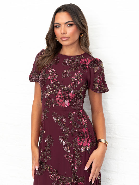 Maya Cranberry Floral Embellished Puff Sleeve & Open Back Maxi Dress