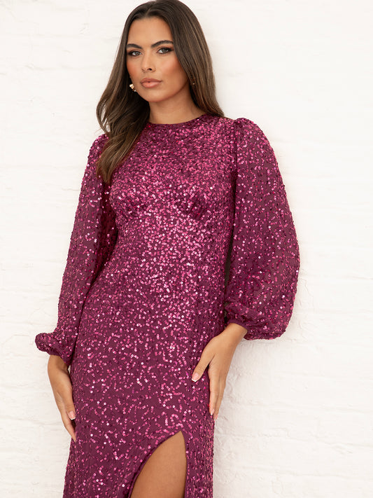 Maya Deep Pink Fully Embellished Blouson Sleeve Maxi Dress