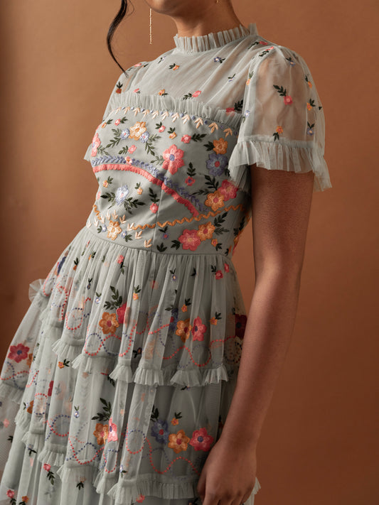 Maya Floral Embroidered Short Sleeve High Neck Mini Dress