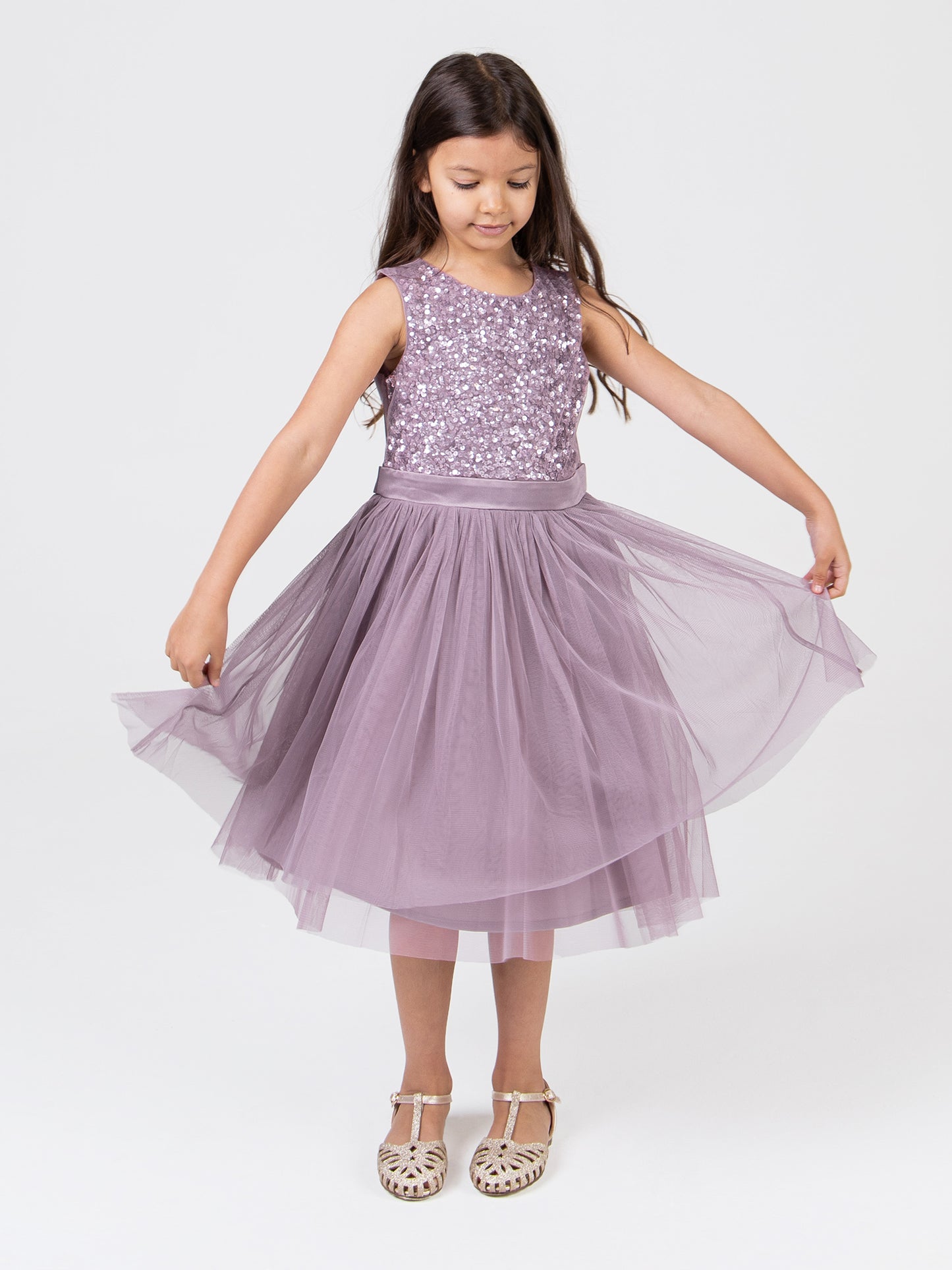 Mini Maya Moody Lilac Delicate Sequin Midi Dress With Bow