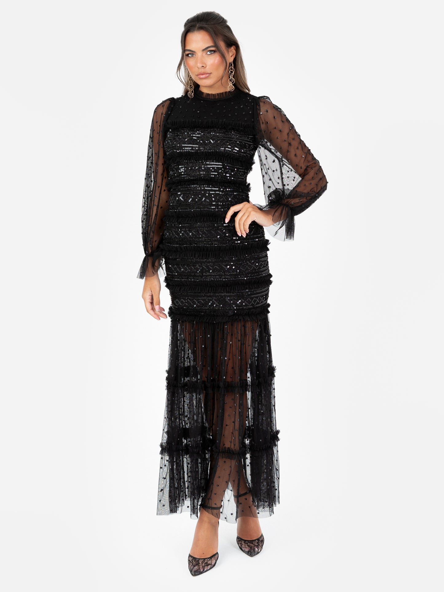 Maya Black Sequin & Frill Long Sleeve Tulle Maxi Dress