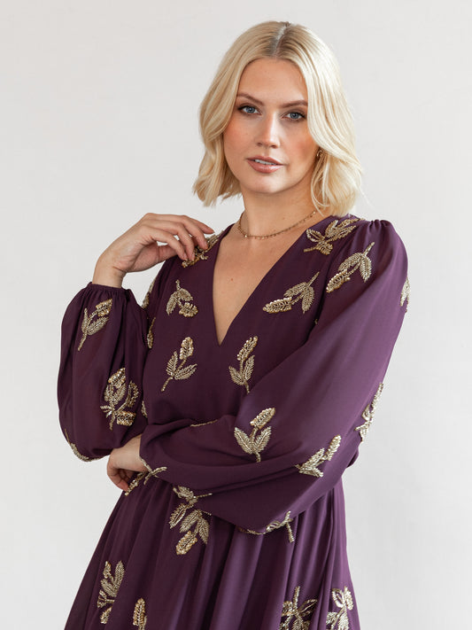 Maya Berry Leaf Embellished Long Sleeve V Neck Mini Dress