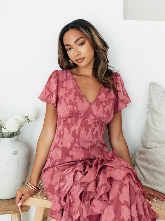 Anaya With Love Garnet Rose Floral Burnout V Neck Short Sleeve Midaxi Dress