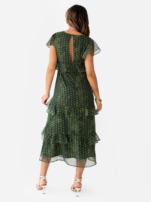 Anaya With Love Floral Green V Neck Midi Dress with Metallic Detail