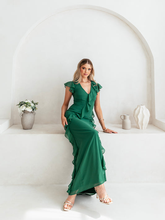 Anaya With Love Recycled Evergreen Waterfall Ruffle Maxi Dress