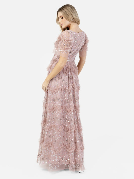 Maya Frosted Pink Fully Embellished Short Sleeve V Neck Ruffle Maxi Dress