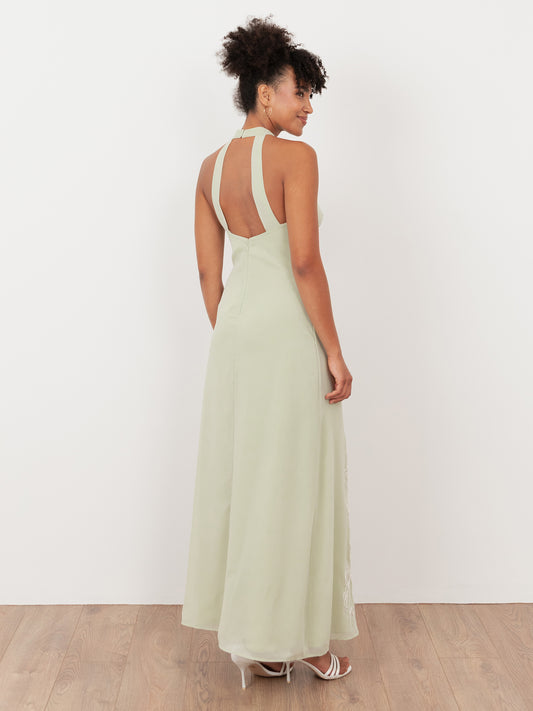 Maya Meadow Green Embroidered Halter Neck & Keyhole Back Maxi Dress