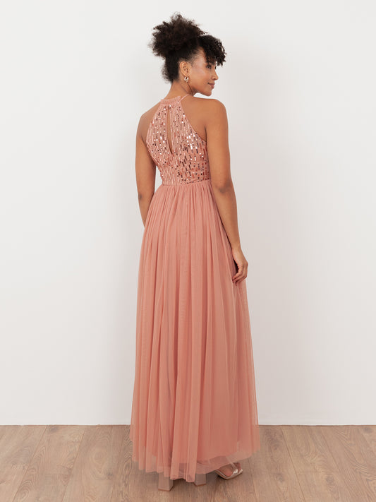 Maya Terracotta Pink Linear Embellished Halter Neck Maxi Dress
