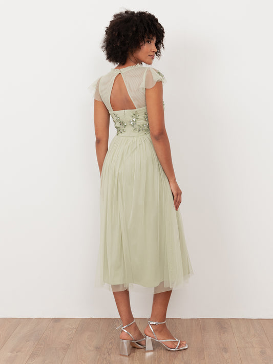 Maya Meadow Green Embellished Tulle Midi Dress with Open Back